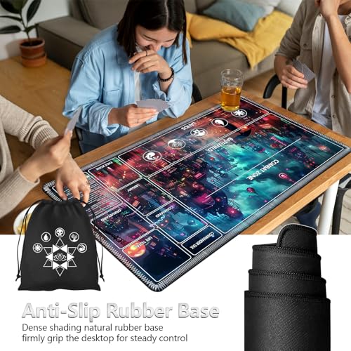 Image of for MTG Playmat with Card Storage Bag,Non-Slip Rubber Base & Smooth Surface 24x14in,Beginner-Friendly Magic Mat for Commander Deck,Cyberpunk Neon City