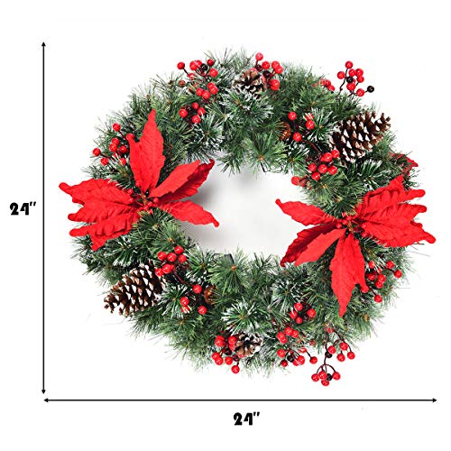 Goplus Cordless Artificial Christmas Wreath, Pre-Lit Snow Flocked Wreath With 50 Led Lights, Timer, Poinsettias Flowers, Pine Cones And Red Berries, Battery Operated For Frontdoor Wall Window #TOP5