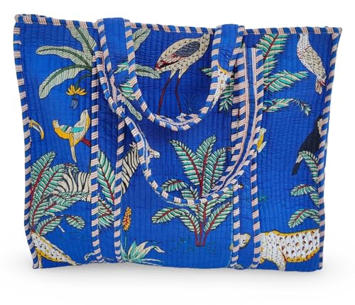 Image of Cotton Tiger Block Print Tote Bag, Indian Handmade Shopping Shoulder Bag, Unisex Market Daily Use