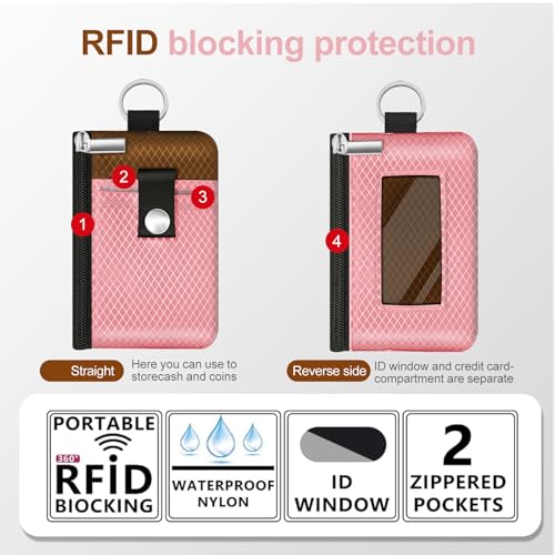 Image of Minimalist RFID Blocking Small Wallet with ID Window,WaterResistant Zip Id Case Wallet with Lanyard Keychain for Cards,Cash,Travel,Women,Men (Pink /Brown)