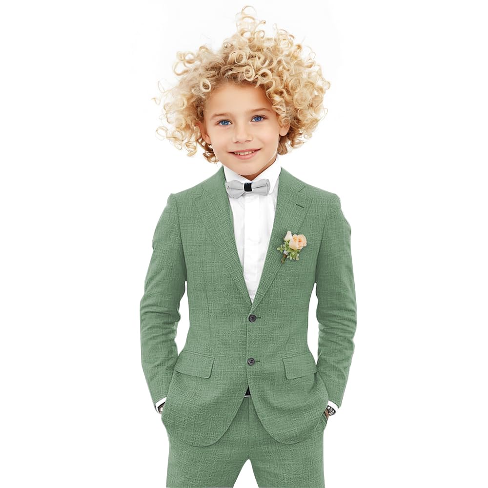 Baby Boy Sage Green Summer Suit Linen Fabric 2 Pieces Blazer Pants Set Notched Lapel Lightweight Slim Fit Wedding Ring Bearer Outfit Size 2
