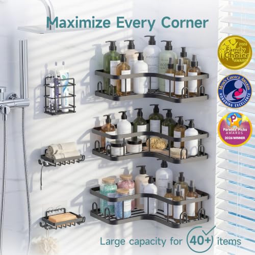 Image of Veken Large Capacity Corner Shower Caddy 6-Pack, Advanced Rustproof Design | No Drilling Adhesive Shelves, High-Load Rack with Soap Dishes & Toothbrush holder, Bathroom Organizers and Storage, Black