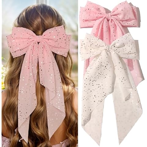 XFYUZR Large Hair Bow Clips with Long Tail Ribbons for Women,Cute Hair Bows Barrettes Hair Accessories Set- 2Pcs Bow Hair Clips for Women Girls (White,Pink) Cover