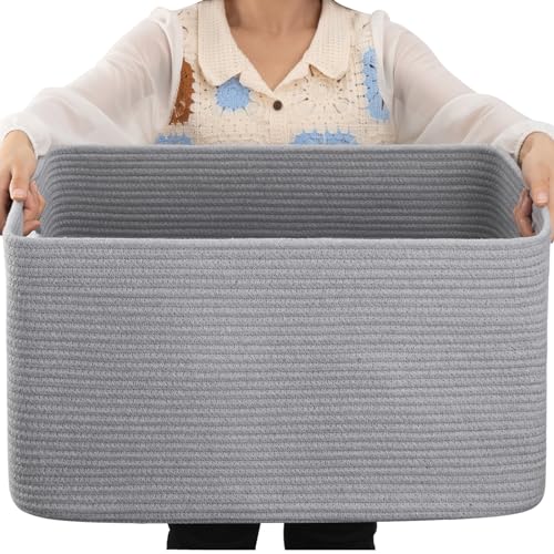 Image of OIAHOMY 75L Large Blanket Basket Woven Storage Basket with Handle Grey