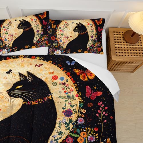 Image of Black Cat Bedding Cartoon Cat Comforter Set Full,Floral Bedding Full Size Bed ,with 1 Comforter with 2 Pillow Case