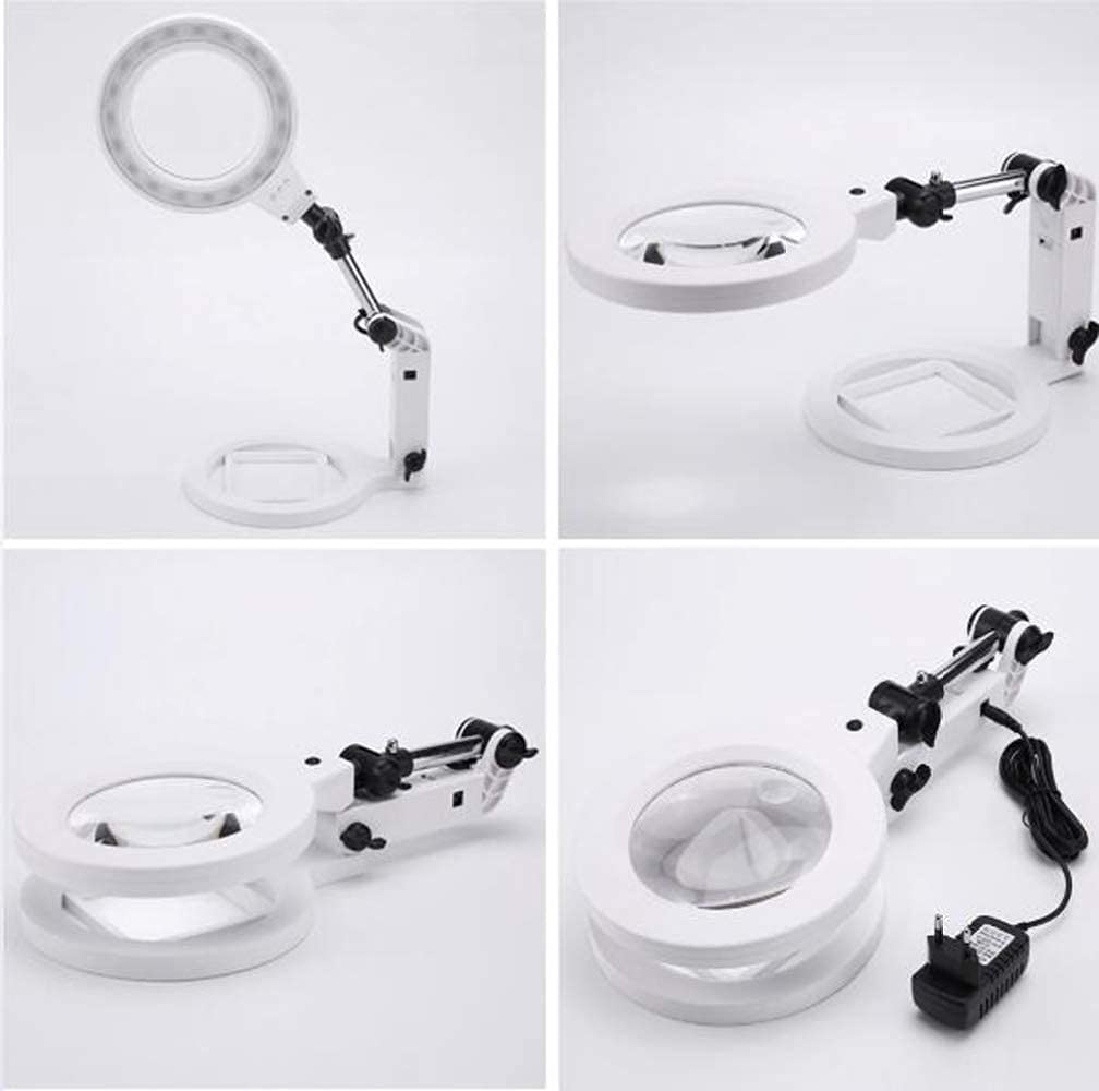 Lampada con ingrandimento a LED, Lente d'Ingrandimento Pieghevole a Mani libere 1,5 X 5X e Lampada da Tavolo e da scrivania Lente d'Ingrandimento illuminata dimmerabile Regolabile