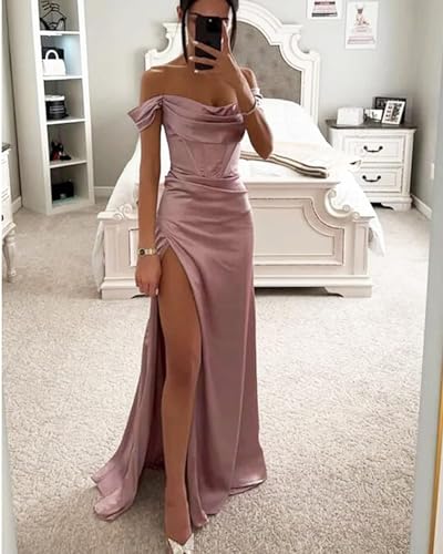 Off The Shoulder Prom Dresses for Women Satin Corset Bridesmaid Dress Long Mermaid Formal Gown with Slit4