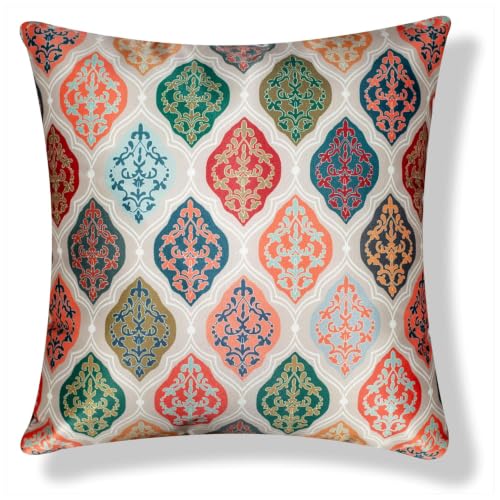 Image of Decorative Satin Sofa Cushion Covers Set of 5, 16 x 16 Inches, Multicolor Floral Printed Pillow Covers for Living Room, Bedroom, Couch & Sofa, Soft Glossy Fabric, Zipper Closure