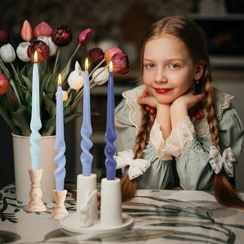 Image of Gradient Blue Smokeless Candles 9.5 Inch Dinner Twisted Taper Candle Unscented Spiral Candlesticks for Holiday Wedding Party Seasons Home Decor 4 PCS
