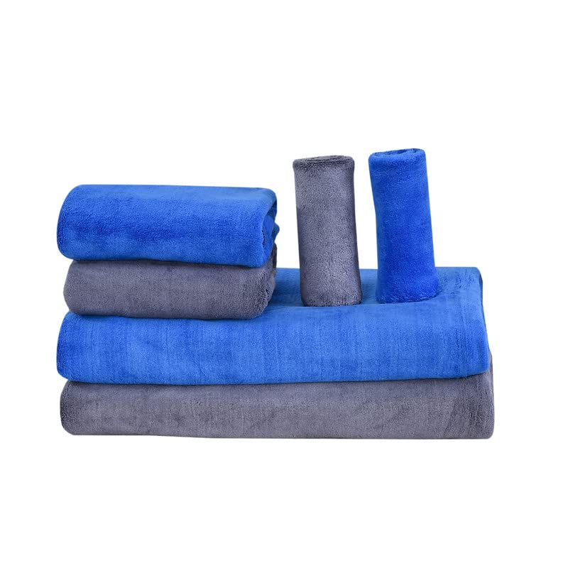 House Beauty Super Soft Microfiber Bath, Hand and Face Towel Set of 6 Pieces 420 GSM- Grey and Blue