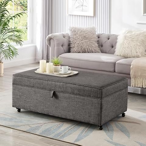 45'' Rectangle Ottoman Bench with Storage Modern Storage Ottoman Coffee Table with Wheels Linen Upholstered Storage Bench 5-in-1 Design Footstool Seating Bedroom Bench for Living Room, Charcoal Grey Cover