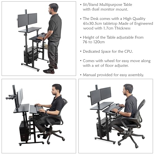 Image of Isomars Computer /Laptop Table with Dual Monitor Mount, Adjustable Height & Angles, Sit Stand Table, Computer Desktop Workstation Useful for Gadgets Like Desktop, Laptop, etc. (Black).