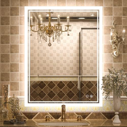 TokeShimi LED Bathroom Mirror with Lights 36 X 28 inch Frontlit and Backlit Decor 3-Color Vanity Make-up Mirror with Light Anti-Fog & Dimmer Touch Switch Adjustable Lights Mounted Fashion Waterproof
