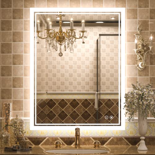 Tokeshimi Led Bathroom Mirror With Lights 36 X 28 Inch Frontlit And Backlit Decor 3-Color Vanity Make-Up Mirror With Light Anti-Fog & Dimmer Touch Switch Adjustable Lights Mounted Fashion Waterproof #TOP19