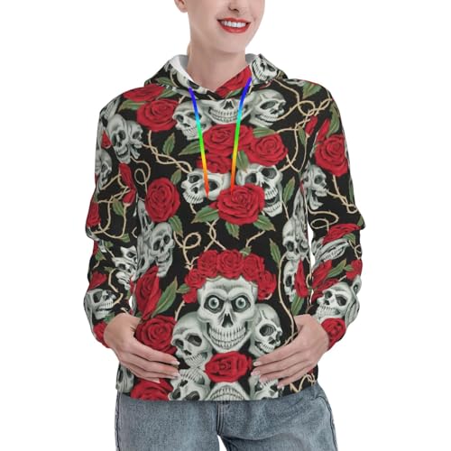 Sweat à capuche femme tête de mort et rose rouge avec poche kangourou