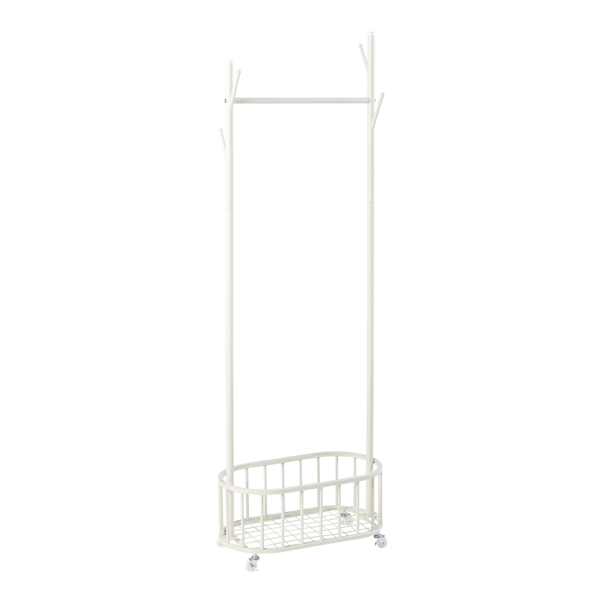 [en.casa] Stand Appendiabiti a Rotelle Organizzatore Guardaroba con Barra Porta Abiti Ganci e Cestello di Stoccaggio 175 x 60 x 32 cm Acciaio Bianco
