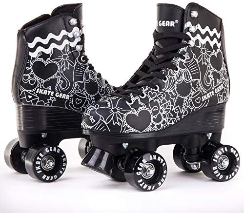 Skate Gear Cute Graphic Quad Roller Skates for Kids and Adults (Graphic Black, Women