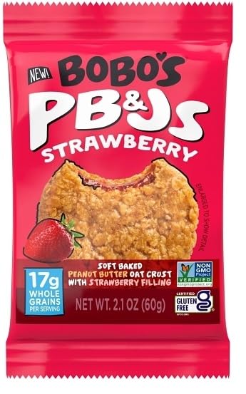 Miniatura 4 de Bobo's PB&Js - Corteza de avena suave horneada con mantequilla de maní sin gluten con relleno de gelatina, uva y fresa, 2.1 onzas (paquete de 24) -