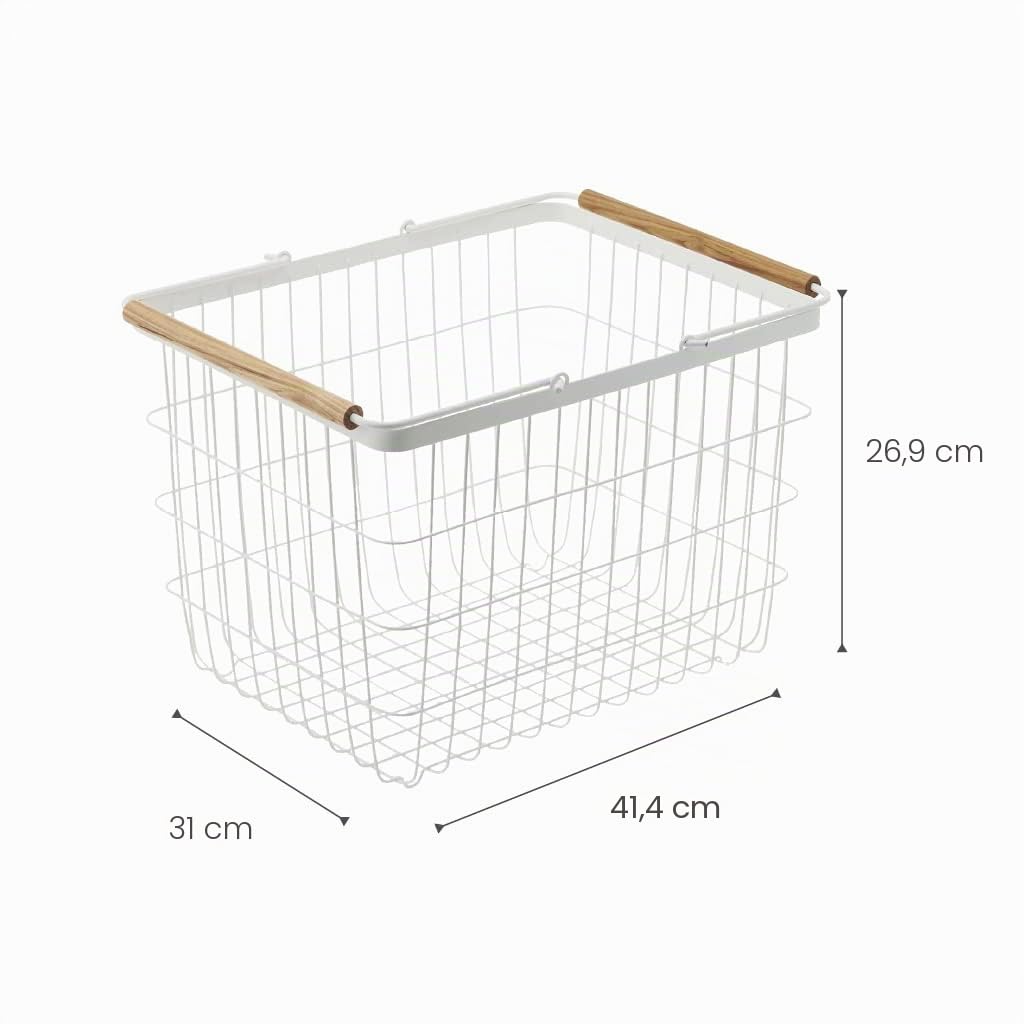 Yamazaki 2809 TOSCA Laundry Basket M, white, Steel/Wood, 41.5 x 31 x 27 cm
