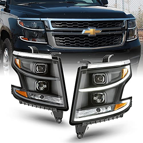 ACANII - For [Halogen Model] 2015-2020 Chevy Tahoe Suburban LED Tube Dual Projector Headlights Headlamps Black Housing