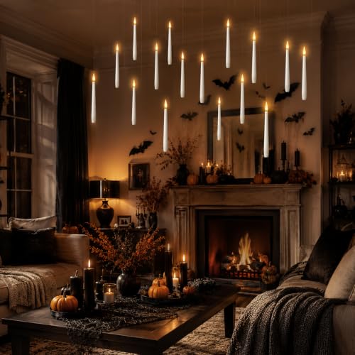 Image of Lezonic Floating Candles with Wand Remote, Set of 12 Christmas Tree Candles, Magic Flameless Candles Battery Operated, Flikering Hanging LED Taper Candlesticks Halloween Xmas Decorations, 0.51 inch x 6.7 inch