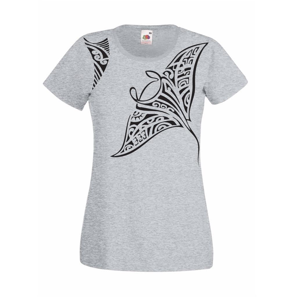 The Dragons Den Womens Polynesian Tribal Tattoo Stingray Maori Grey Lady Fit T-Shirt [M]