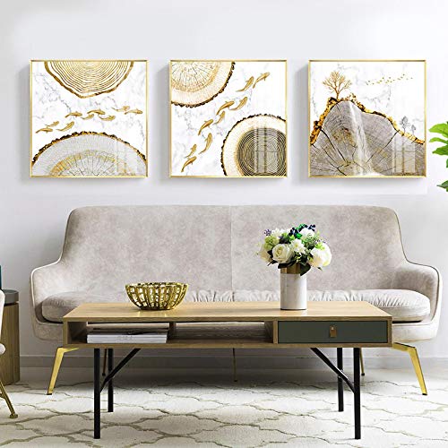Tableau toile cerf doré triptyque abstrait scandinave salon 60x60 cm sans cadre
