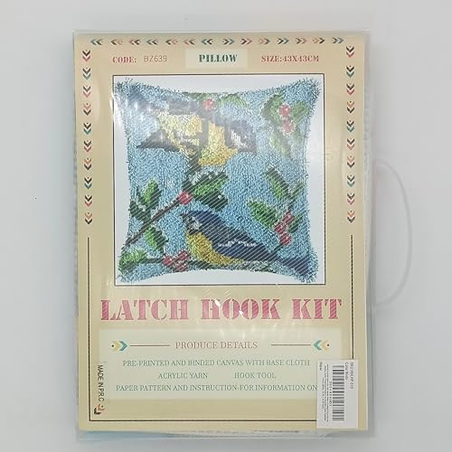 Image of Howie's Latch Hook Kit, DIY Birds Pillow Crochet Yarn Kits for Adults, Color Preprinted Pattern Embroidery Sofa Cushion Cover (Birds, 16.93 x 16.93 inch)