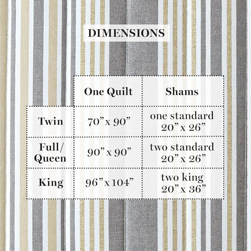 Image of Martha Stewart - Full Queen Size Quilt Bedding Set - 3 Piece, Soft Washed Microfiber, Printed Bedspread, Reversible, All Season, 1 Quilt, 2 Standard Pillow Shams, Gray & Khaki, Lefferts Stripe Print