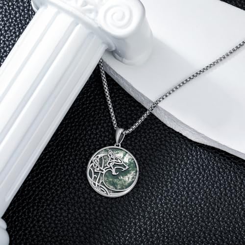 Wolf Moss Agate Necklace for Men S925 Sterling Silver Round Wolf Moss Agate Necklace for Men Handmade Silver Pendant Fine Jewelry Gifts for Father’s Day Men Him3