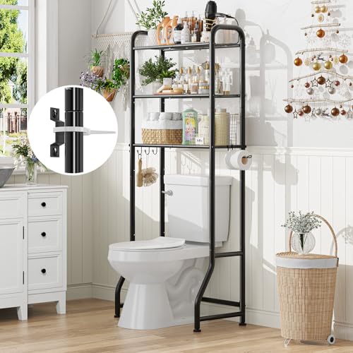 Image of Simple Trending Over The Toilet Storage Rack, Metal 3 Tier Bathroom Organizer Shelf with Paper Holder and 3 Hooks, Freestanding Shelf Space Saver Above Toilet,Black