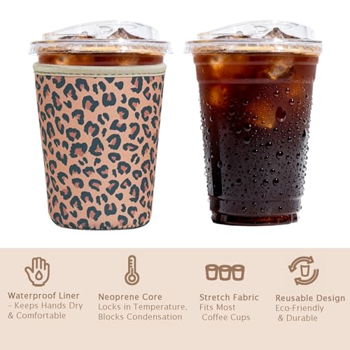 Image of Reusable Insulated Sleeve for Iced Coffee Cup, 3-Pack Coffee Neoprene Drink Sleeve for Cold & Hot Drinks, Beverage Holder for Iced Coffee (Brown Leopard)