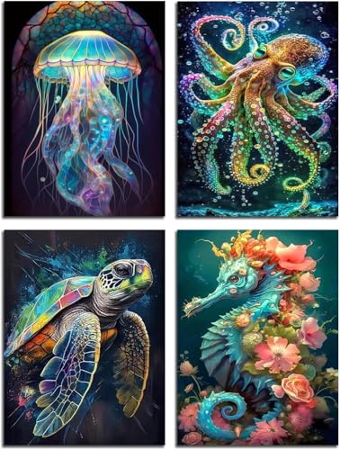 Image of 4 Pack Stamped Cross Stitch Kits for Adults - Cross Stitch Kits for Beginners,11 CT Ocean Animal Cross Stitch Patterns Dimensions DIY Counted Cross Stitch Kits for Adults Arts Craft 12x16 inch