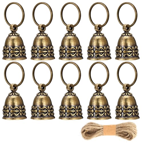 10 Pcs Small Pure Copper Bells Handmade Vintage Brass Hanging Craft Bells Craft Bell for Door Celebration or Christmas Decoration (Fine Hemp Rope Included)