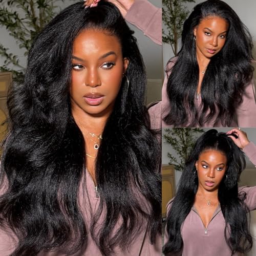 Image of KLAIYI Precut 13x4 Glueless Lace Front Wig Yaki Straight Bye Bye Knots Human Hair Wear and Go Wigs for Women Pre Bleached Pre Plucked Pre Everything 3S Ready to Wear Beginner Wig with Baby Hair 22Inch