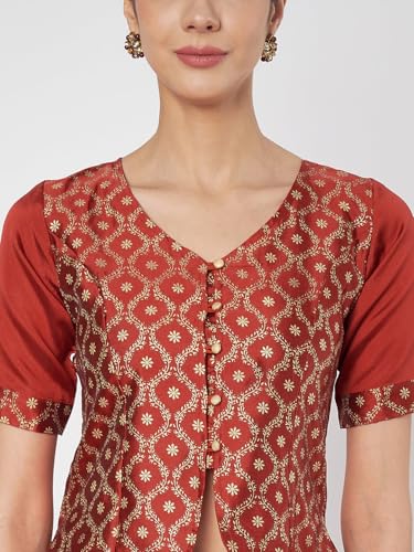 Image of studio rasa Women's Silk Blend Block Printed Button Down Readymade Top for Wedding Festive Party