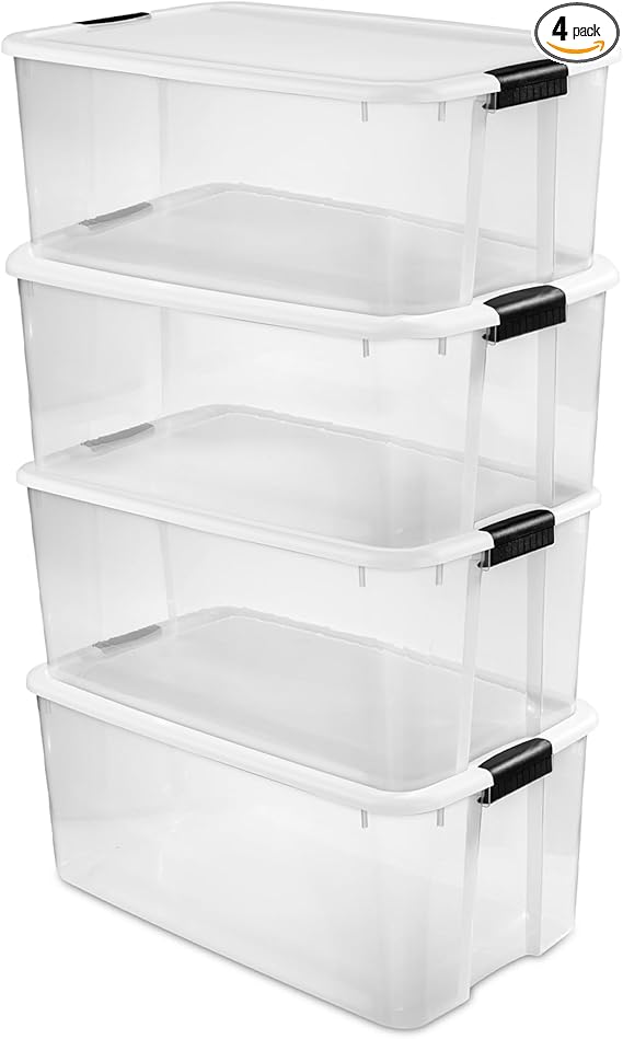 Sterilite 4-Pack Ultra Latching Box, Storage Bins with Lids, Clear Plastic, 116 Quart - Heavy-Duty Organizing Containers for Closet, Bathroom, and Office