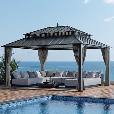 SUNJOY Kingston 16' x 12' Hardtop Gazebo with Galvanized Steel Double Roof, Curtain and Netting, Gray Aluminum Posts Permanent Pavilion Gazebo for Garden, Patio, Deck, Lawn
