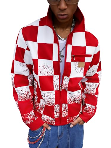 Men's Red and White Plaid Personalized Zipper Cardigan Jacket Coat Breathable Dry Urban Street Casual Trendy Jacket