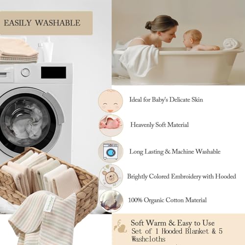 Image of 6-Pack Organic Cotton Baby Bath Set - Ultra Soft Embroidered Hooded Towel and 5 Washcloths, Premium Gentle Newborn, Toddlers Gift for Sensitive Skin, Stripes, 30 x 30 Inch