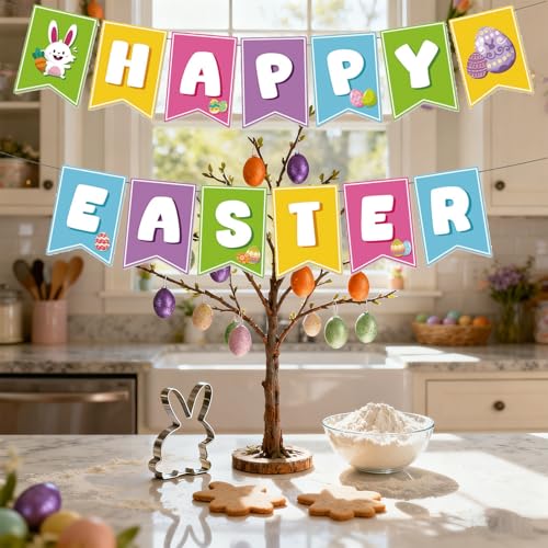 Image of Happy Easter Banner for Easter Party Decorations Indoor Outdoor Egg Bunny Hanging Decor
