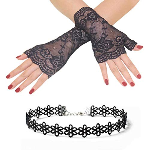 Mesyo Short 80s Lace Fingerless Gloves Wrist Length Formal Women Vintage Tea Party Gloves Black#1