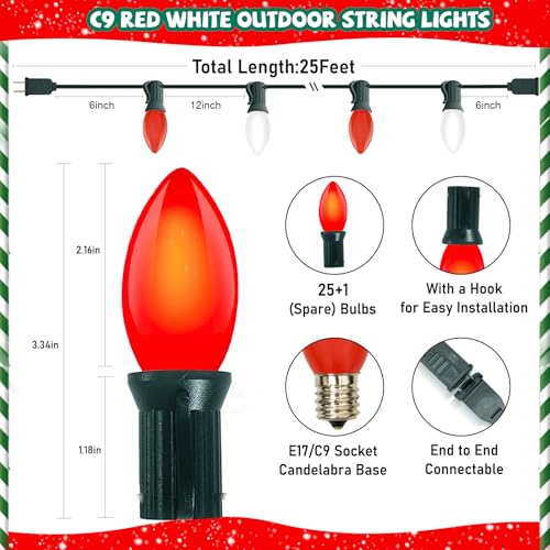 Image of GOOTHY 25Ft C9 Red and White Christmas Lights Outdoor, C9 Vintage Christmas Lights with 26 7W Red and White Bulbs, Hanging Outdoor String Lights for Patio Outside Holidays Party Xmas Roofline Wedding