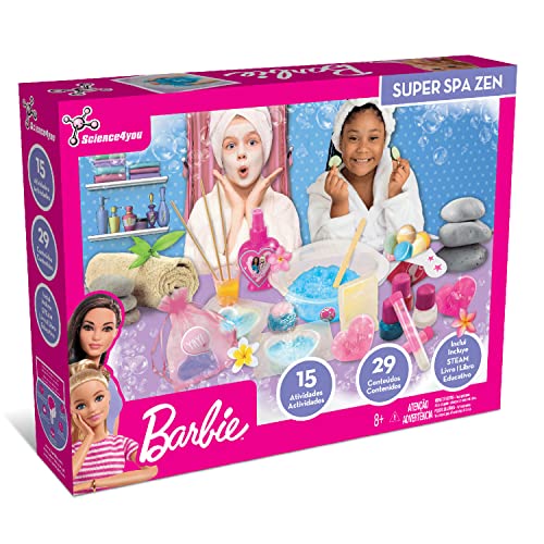 Science4you Super Barbie SPA Zen - Kit de Manualidades para Niñas 7-9+ años de la Barbie Princesa - Hace Bombas de Baño, Jabones, Aceite de Masaje y Mucho Más - Regalos de Barbies