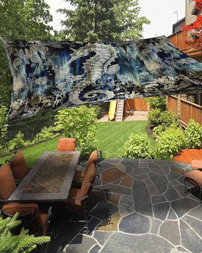 Sea Horse Sun Sail Shades Rectangle Canopy,Sunlight Block Heavy Duty Curved Backyard Shade Cover,Waterproof Sun Shades for Patios Garden Outdoor,6.5'x10' Coastal Ocean Golden Navy Blue Floral Leaf