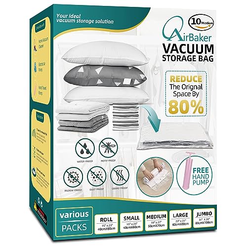 AirBaker 10 Pack (Medium) Vacuum Storage Bags, Space Saver Sealer Bags for Clothes Comforters Blankets Pillows with Travel Hand Pump
