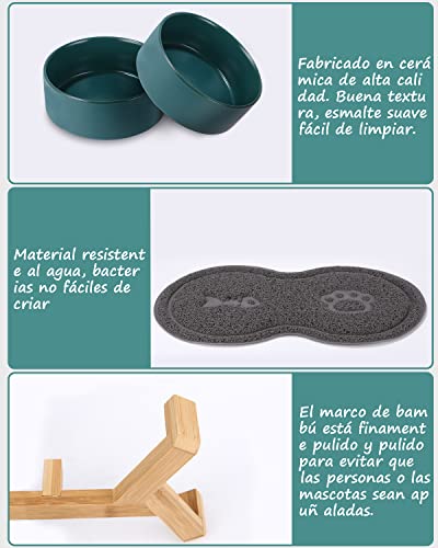 JOFLVA Futternapf Hund Keramik Futternapf Katze Doppelt Futternapf für Hunde und Katze mit Bambus Ständer und Rutschfester Unterlage (400ml, 2-Grün)