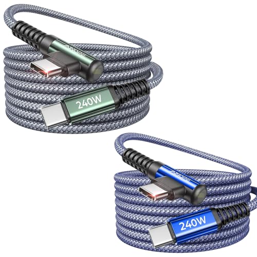 Image of AINOPE 240W USB C to USB C Cable Fast Charging 6FT,Right Angle Fast Type C Charging Cable Fits iPhone 16 Pro Max Plus,iPhone 15,MacBook Air /Pro,iPad Pro,Samsung,Pixel,All Devices, Grey,Blue 2Pack