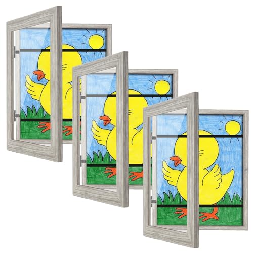 [3-Pack] Kids Art Frames, 8.5x11 Front Opening Kids Artwork Frames Changeable, Grey Wood Grain Artwork Display Storage Frame for Wall, Holds 50 Pcs, for 3D Picture, Crafts, Children Drawing, Hanging