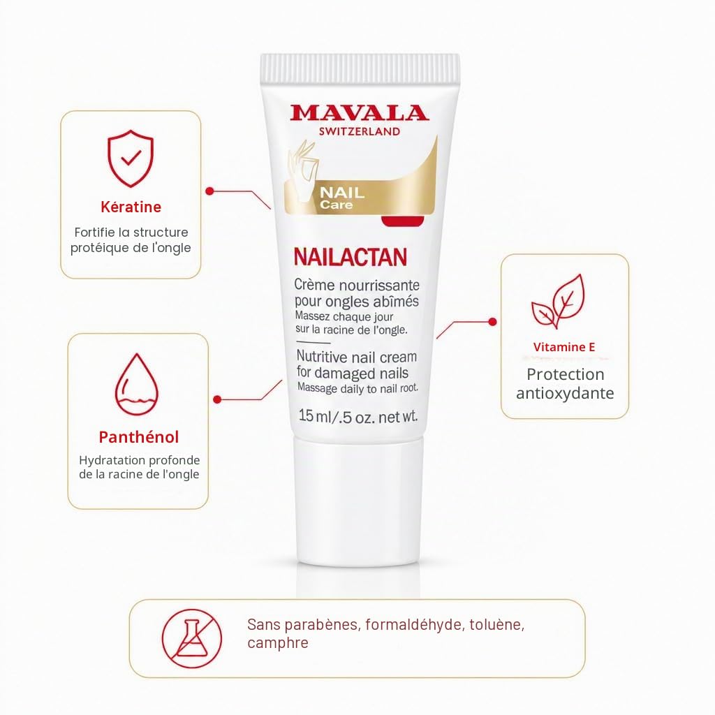 Mavala - Crème Nourrissante Nailactan pour Ongles Abîmés, Secs, Dévitalisés, Cassants, Friables - Soin Réparateur Nutritif et Hydratant de la Plaque Cornée - 15ml